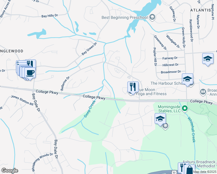 map of restaurants, bars, coffee shops, grocery stores, and more near 1453 Falcon Nest Court in Arnold