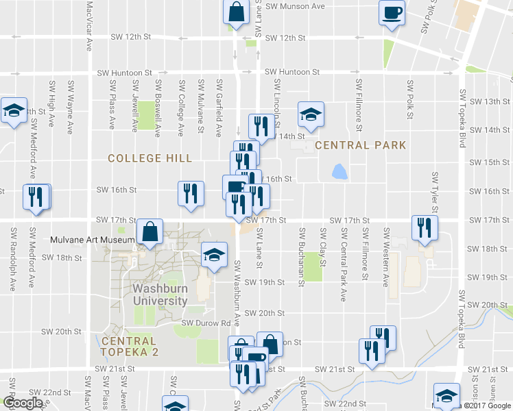 map of restaurants, bars, coffee shops, grocery stores, and more near 1431 Southwest Byron Street in Topeka