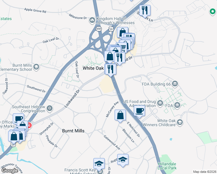 map of restaurants, bars, coffee shops, grocery stores, and more near 11120 New Hampshire Avenue in Silver Spring