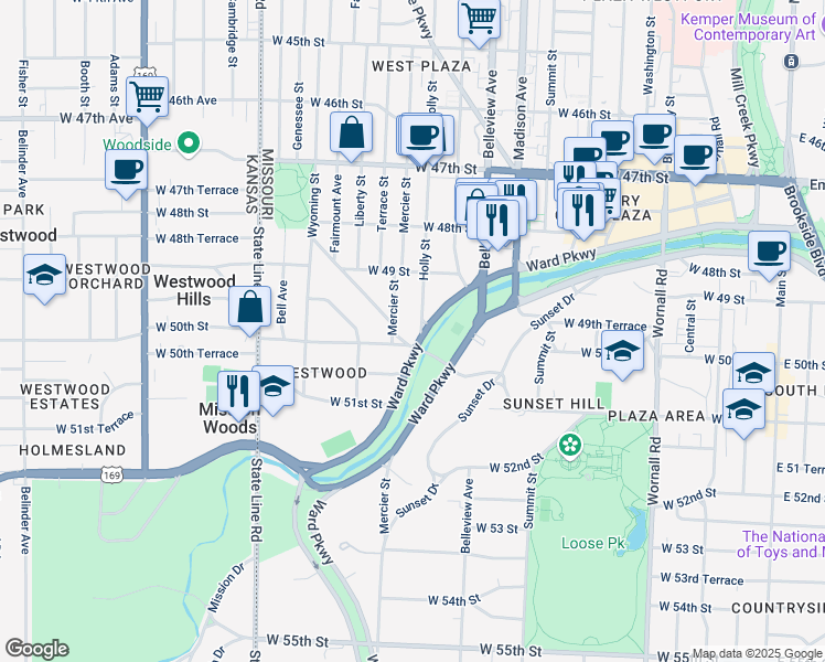 map of restaurants, bars, coffee shops, grocery stores, and more near 1202 Ward Parkway in Kansas City