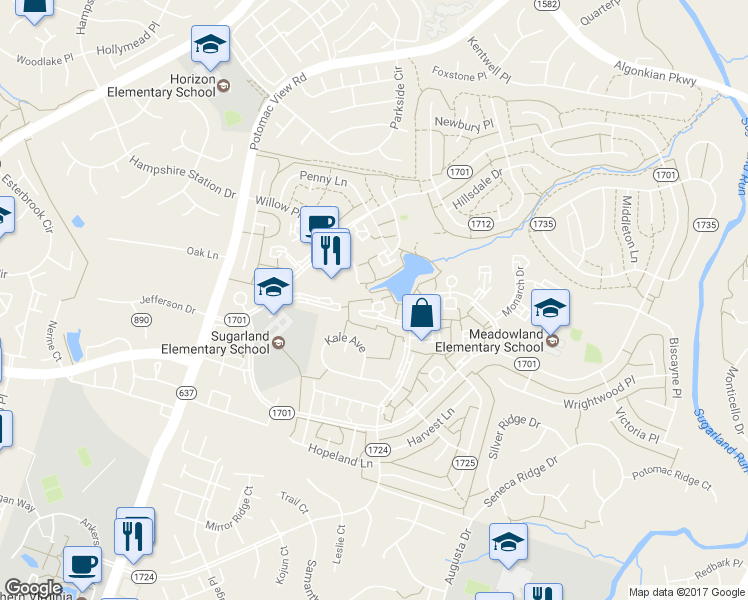 map of restaurants, bars, coffee shops, grocery stores, and more near 34 Carolina Court in Sterling