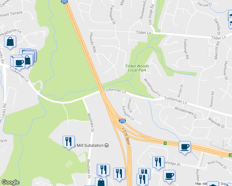map of restaurants, bars, coffee shops, grocery stores, and more near 11037 Daybreak Court in Rockville