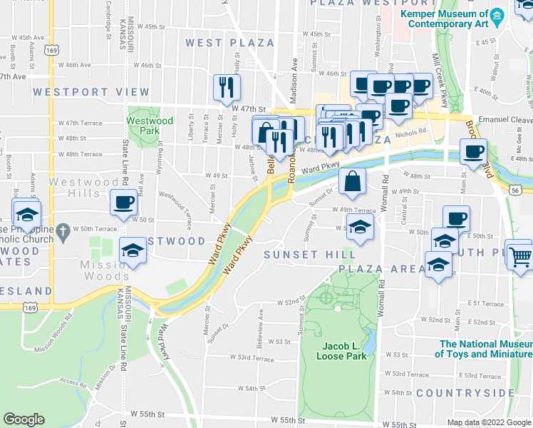 map of restaurants, bars, coffee shops, grocery stores, and more near 4967 Ward Parkway in Kansas City