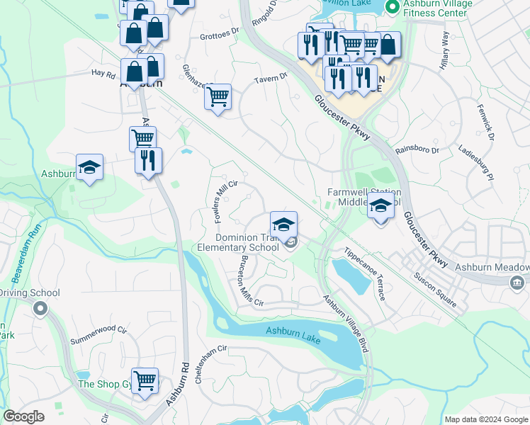 map of restaurants, bars, coffee shops, grocery stores, and more near 20803 Fowlers Mill Circle in Ashburn
