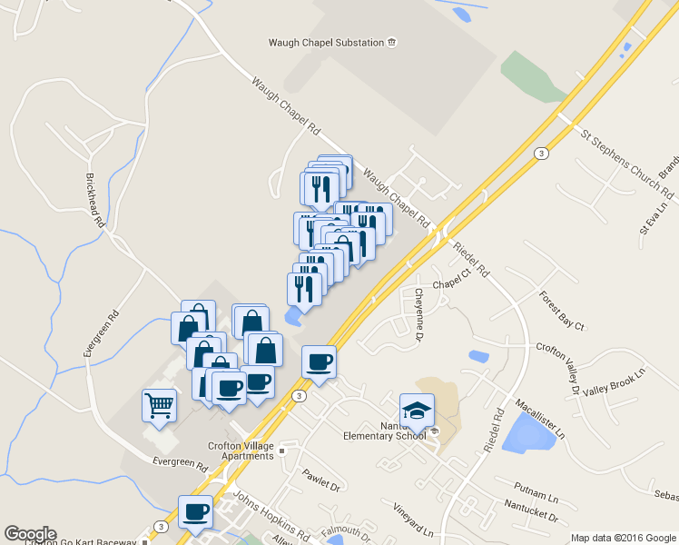 map of restaurants, bars, coffee shops, grocery stores, and more near 1402 Main Chapel Way in Gambrills