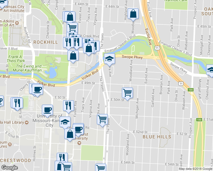 map of restaurants, bars, coffee shops, grocery stores, and more near 1423 East 49th Street in Kansas City
