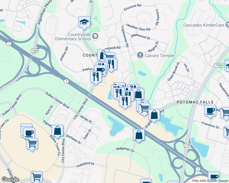 map of restaurants, bars, coffee shops, grocery stores, and more near 14 Pidgeon Hill Drive in Sterling