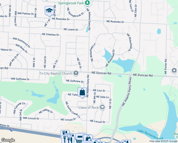 map of restaurants, bars, coffee shops, grocery stores, and more near 601 Northeast Duncan Road in Blue Springs