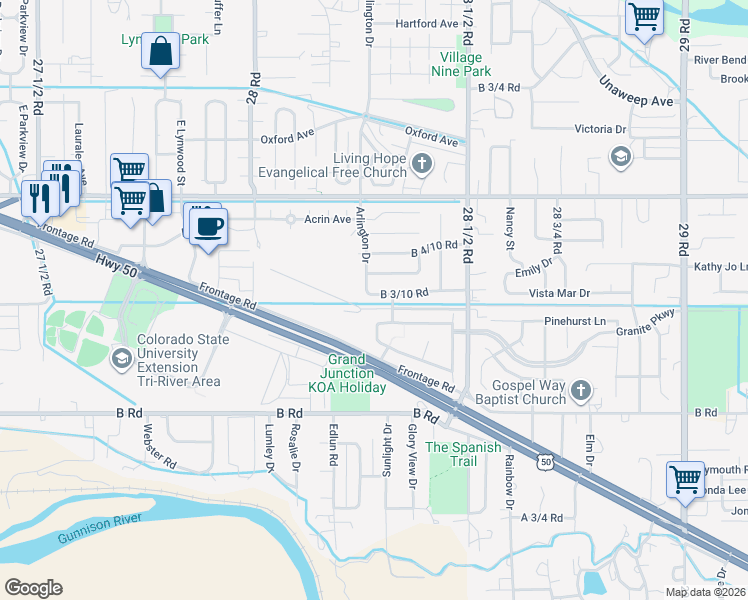 map of restaurants, bars, coffee shops, grocery stores, and more near 203 Tenderfoot Drive in Grand Junction