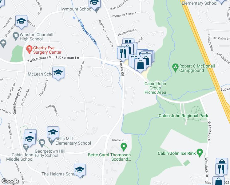 map of restaurants, bars, coffee shops, grocery stores, and more near 11107 Potomac Crest Drive in Potomac