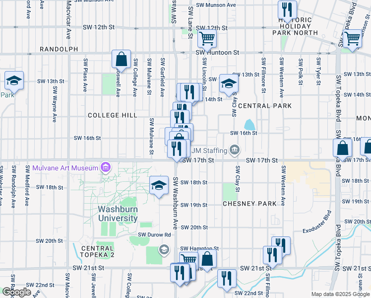 map of restaurants, bars, coffee shops, grocery stores, and more near 1427 Southwest Byron Street in Topeka