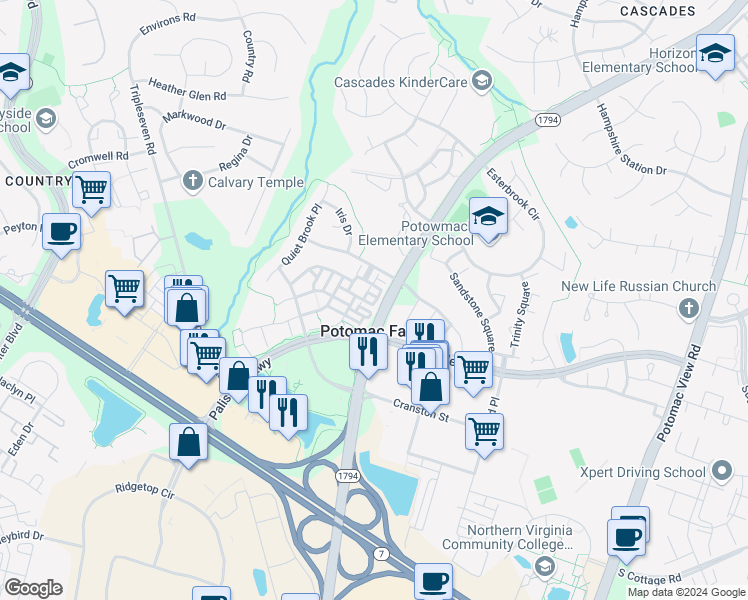 map of restaurants, bars, coffee shops, grocery stores, and more near 20856 Quay Lane in Sterling