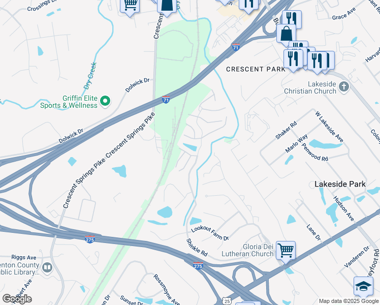 map of restaurants, bars, coffee shops, grocery stores, and more near 2701 Copper Coin in Crestview Hills
