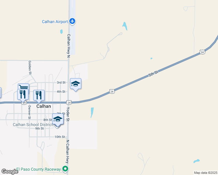map of restaurants, bars, coffee shops, grocery stores, and more near 15 5th Street in Calhan