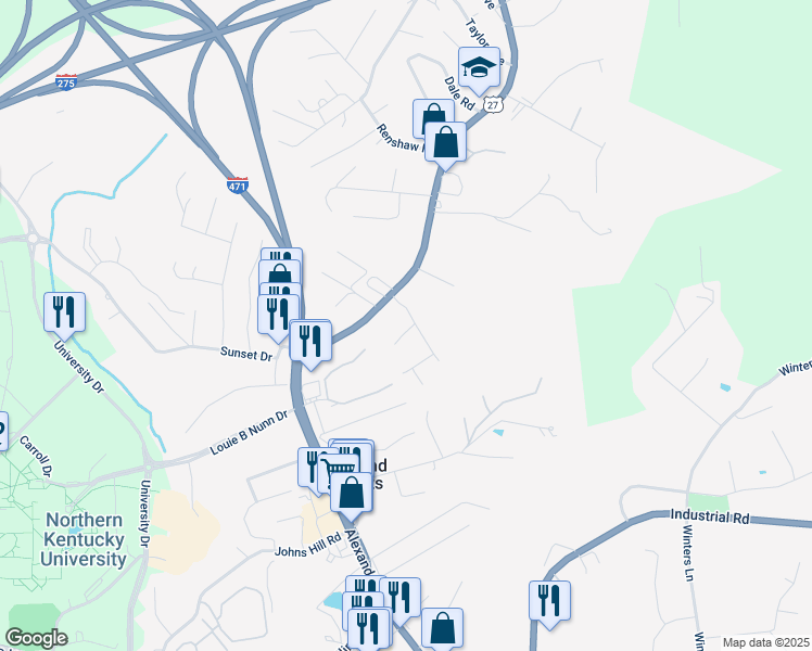 map of restaurants, bars, coffee shops, grocery stores, and more near 6 Chalon Lane in Highland Heights