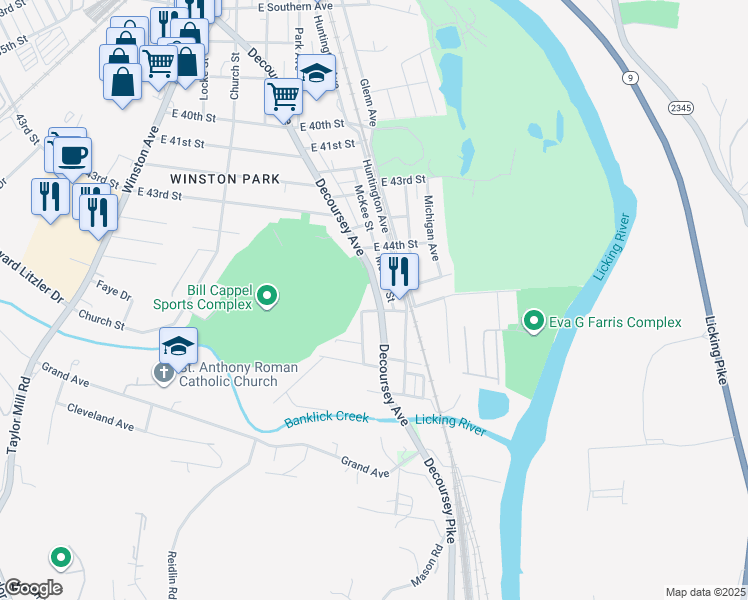 map of restaurants, bars, coffee shops, grocery stores, and more near 228 East 45th Street in Covington