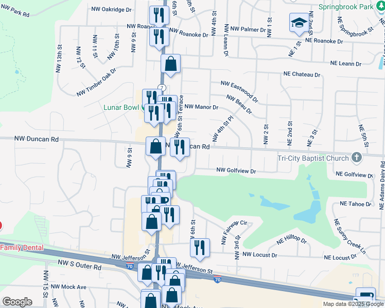 map of restaurants, bars, coffee shops, grocery stores, and more near 1717 Northwest 6 Street in Blue Springs