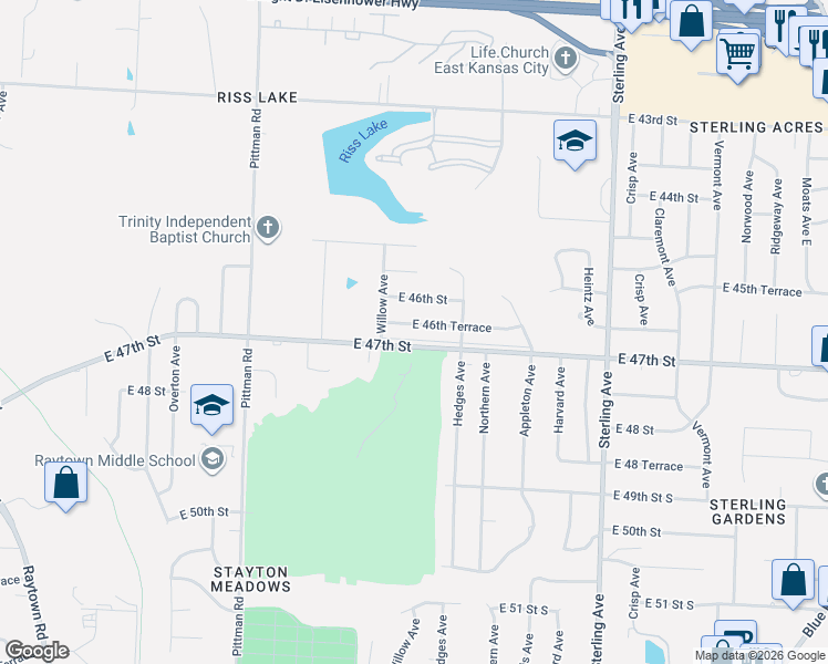 map of restaurants, bars, coffee shops, grocery stores, and more near 10629 East 46th Terrace in Kansas City