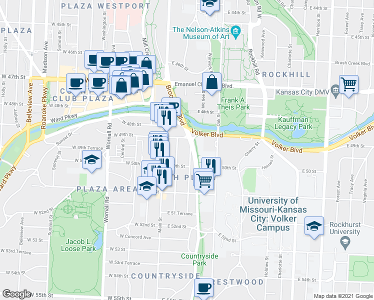map of restaurants, bars, coffee shops, grocery stores, and more near 4925 Walnut Street in Kansas City
