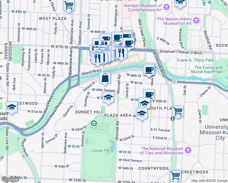 map of restaurants, bars, coffee shops, grocery stores, and more near 406 West 50th Street in Kansas City