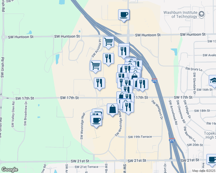 map of restaurants, bars, coffee shops, grocery stores, and more near 6130 Southwest 17th Street in Topeka