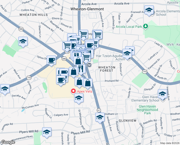 map of restaurants, bars, coffee shops, grocery stores, and more near 11141 Georgia Avenue in Silver Spring