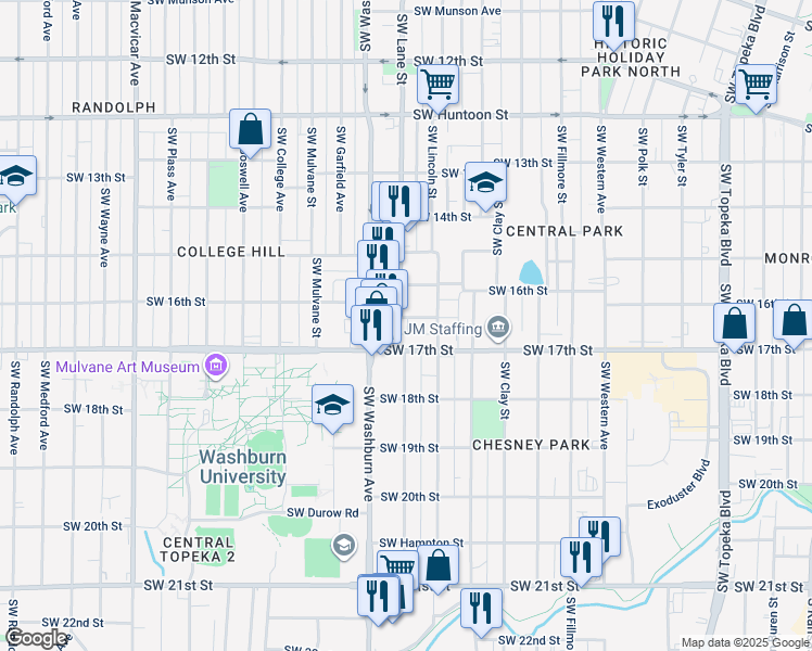 map of restaurants, bars, coffee shops, grocery stores, and more near 1427 Southwest Byron Street in Topeka