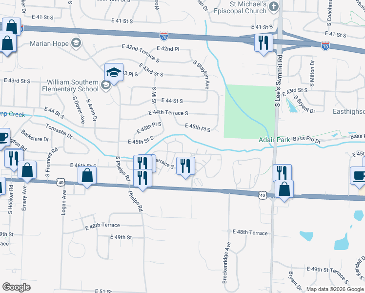 map of restaurants, bars, coffee shops, grocery stores, and more near 1102 Quail Creek Drive in Independence