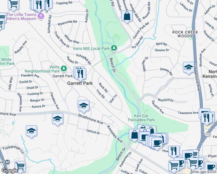 map of restaurants, bars, coffee shops, grocery stores, and more near 11114 Schuylkill Road in Rockville