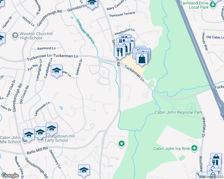 map of restaurants, bars, coffee shops, grocery stores, and more near 11107 Potomac Crest Drive in Potomac