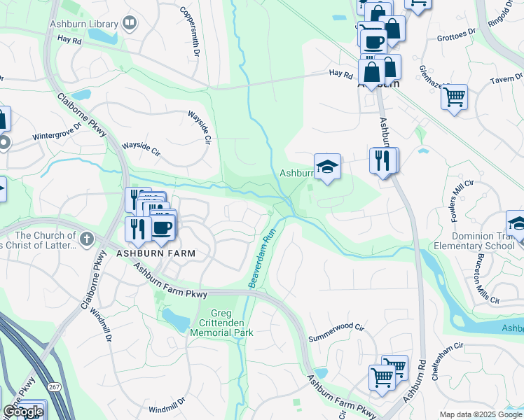 map of restaurants, bars, coffee shops, grocery stores, and more near 43569 Plantation Terrace in Ashburn