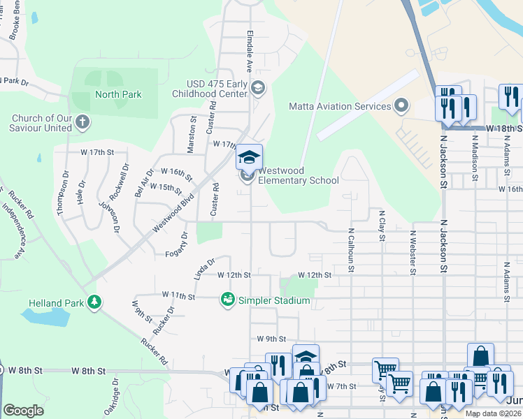 map of restaurants, bars, coffee shops, grocery stores, and more near 1405 North Eisenhower Drive in Junction City