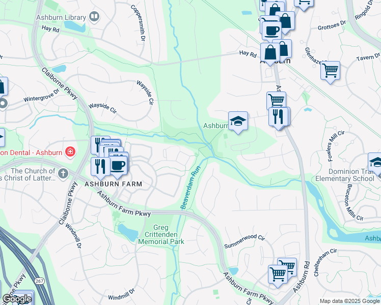 map of restaurants, bars, coffee shops, grocery stores, and more near 43569 Plantation Terrace in Ashburn