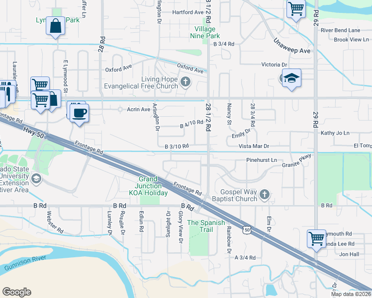 map of restaurants, bars, coffee shops, grocery stores, and more near 2839 B 3/10 Road in Grand Junction