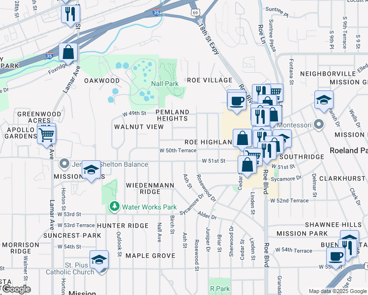 map of restaurants, bars, coffee shops, grocery stores, and more near 5301 West 50th Terrace in Roeland Park
