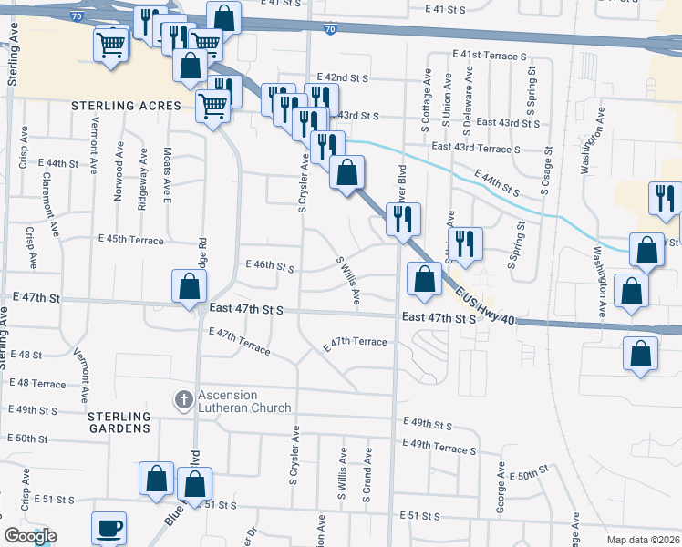 map of restaurants, bars, coffee shops, grocery stores, and more near 12302 East 46th Terrace South in Independence