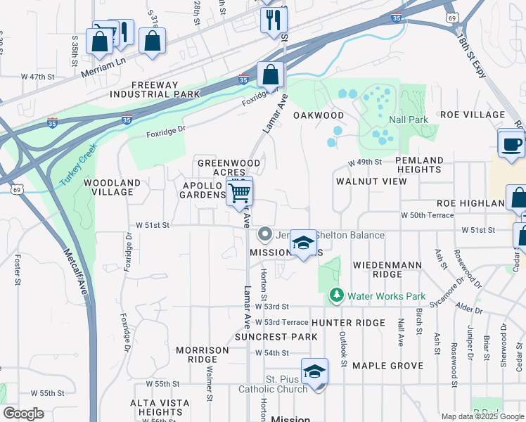 map of restaurants, bars, coffee shops, grocery stores, and more near 6200 West 51st Street in Mission