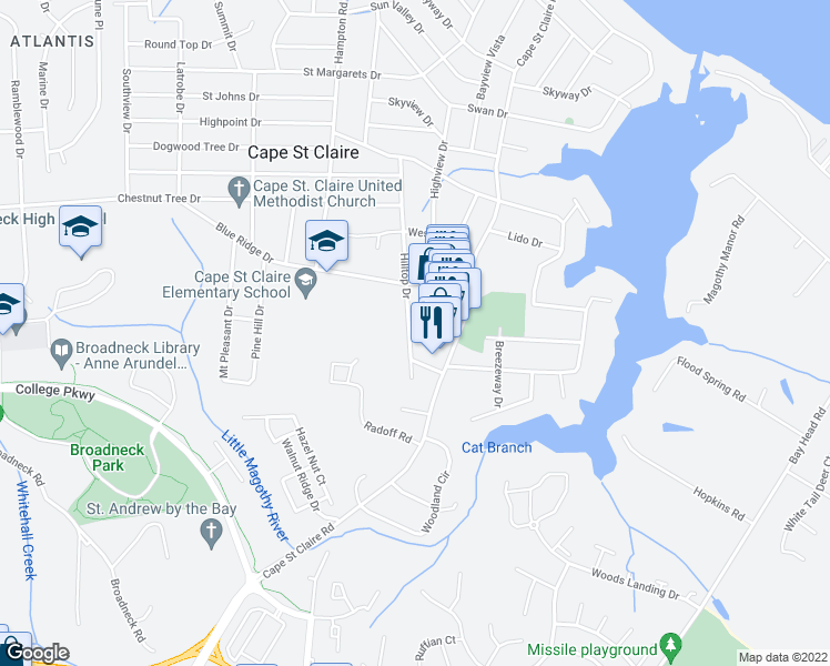 map of restaurants, bars, coffee shops, grocery stores, and more near 1247 Hilltop Drive in Annapolis