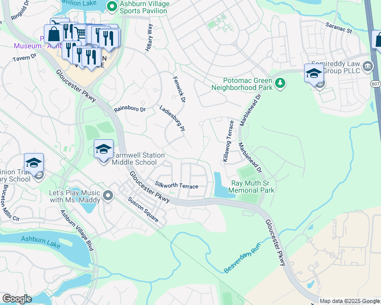 map of restaurants, bars, coffee shops, grocery stores, and more near 44367 Ladiesburg Place in Ashburn