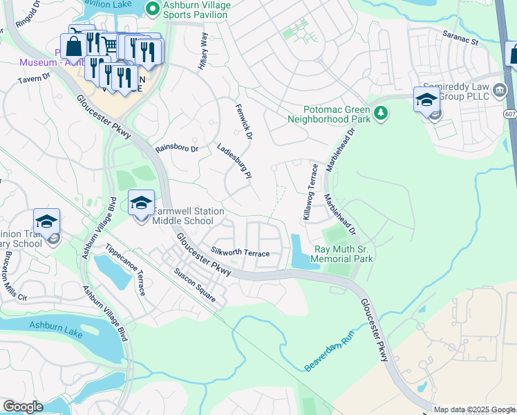 map of restaurants, bars, coffee shops, grocery stores, and more near 44367 Ladiesburg Place in Ashburn