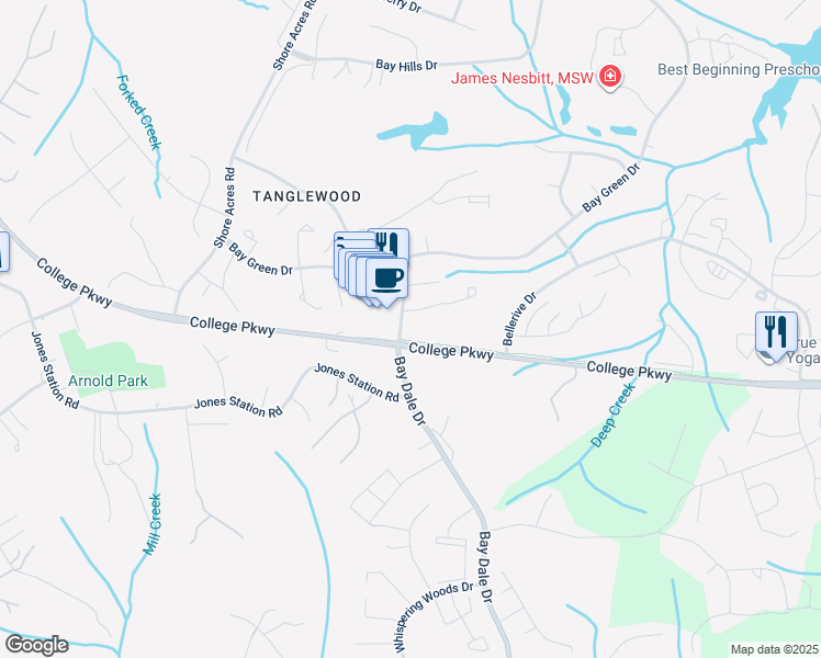 map of restaurants, bars, coffee shops, grocery stores, and more near 401 Bay Dale Drive in Arnold