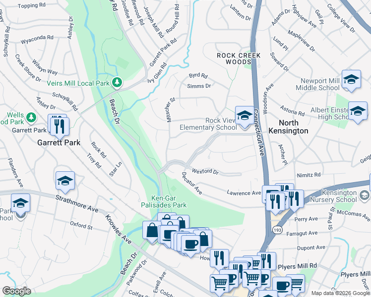 map of restaurants, bars, coffee shops, grocery stores, and more near 4108 Mitscher Court in Kensington