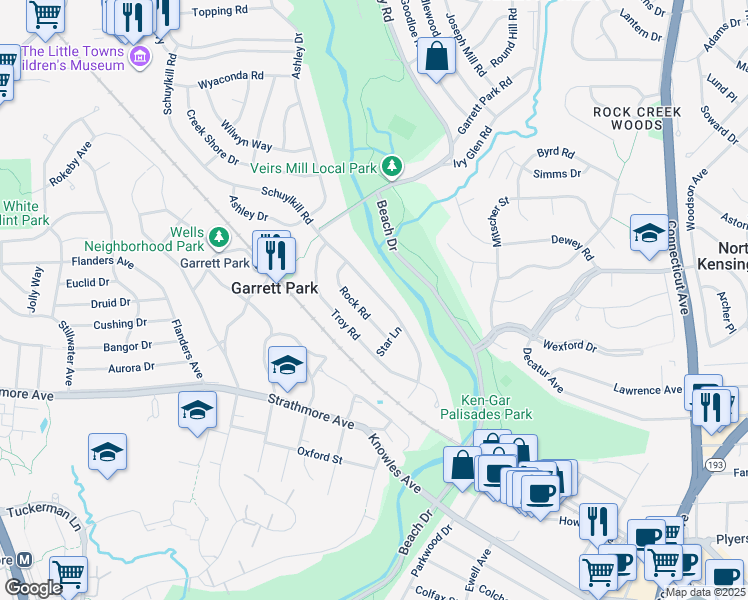 map of restaurants, bars, coffee shops, grocery stores, and more near 11114 Schuylkill Road in Rockville