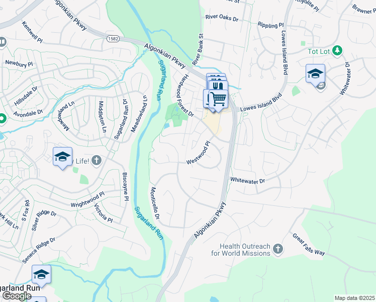 map of restaurants, bars, coffee shops, grocery stores, and more near 20876 Butterwood Falls Terrace in Sterling