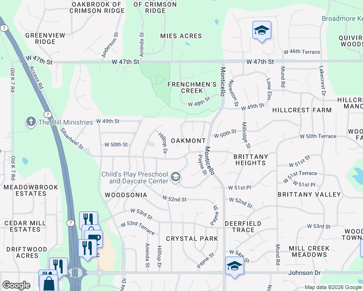 map of restaurants, bars, coffee shops, grocery stores, and more near 5015 Chouteau Street in Shawnee