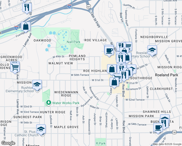 map of restaurants, bars, coffee shops, grocery stores, and more near 5121 West 50th Terrace in Roeland Park