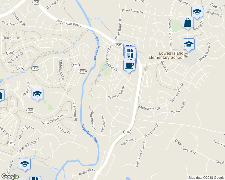 map of restaurants, bars, coffee shops, grocery stores, and more near 20876 Butterwood Falls Terrace in Sterling