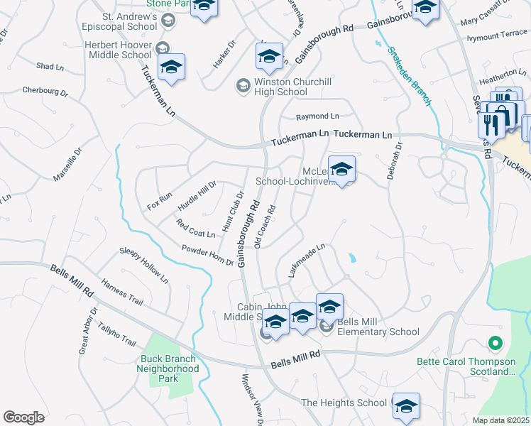 map of restaurants, bars, coffee shops, grocery stores, and more near 11006 Old Coach Road in Rockville
