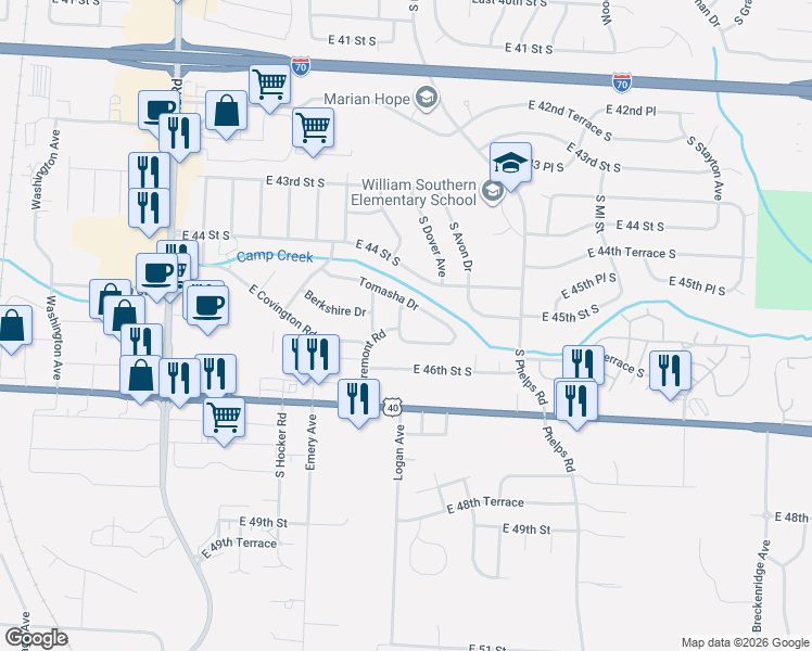 map of restaurants, bars, coffee shops, grocery stores, and more near 14900 East Covington Road in Independence