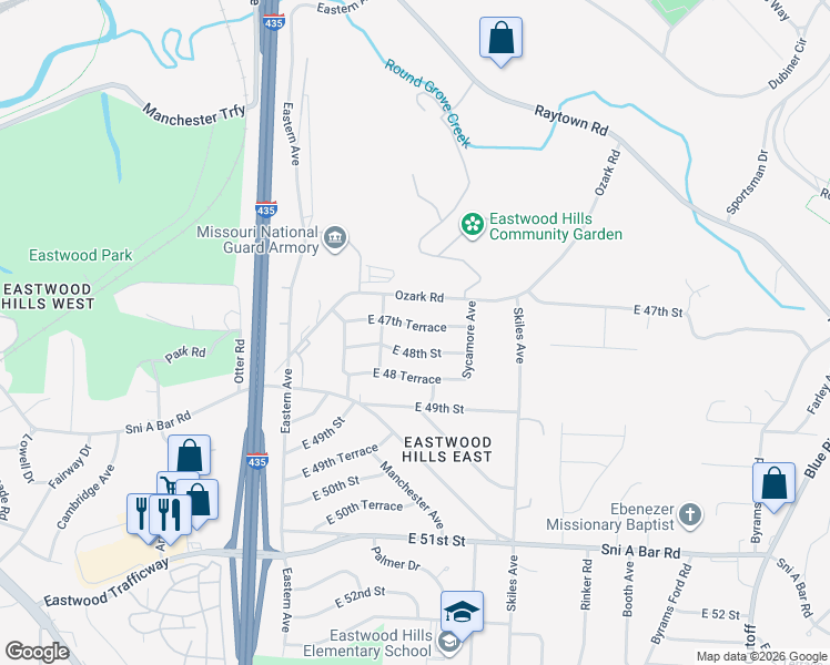 map of restaurants, bars, coffee shops, grocery stores, and more near 7800 East 48th Street in Kansas City